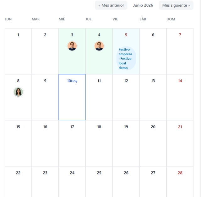 Calendario laboral con ausencias y vacaciones del equipo