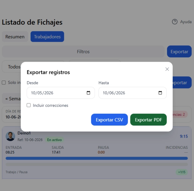 Exportaci&oacute;n de registros de jornada para revisi&oacute;n